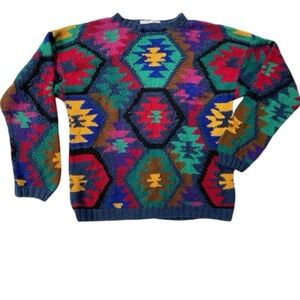 Vintage 90s Hand Knit Geometric Aztec Grandpacore Sweater Oversized Boho XL